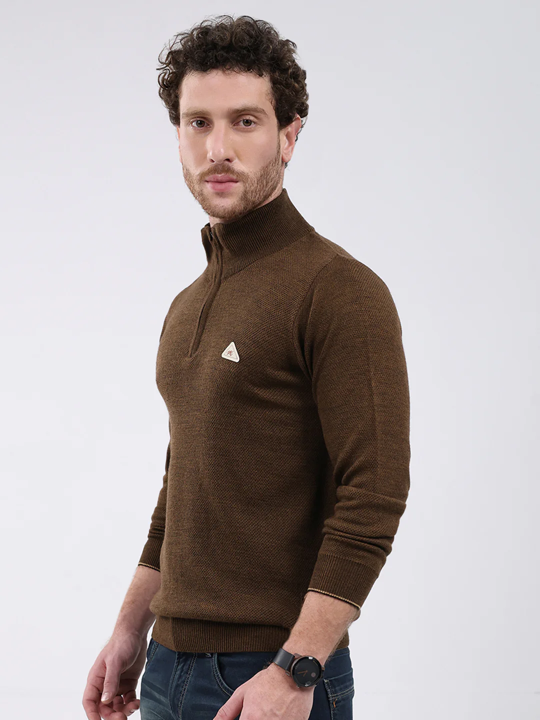 Men Brown Solid Mock Neck Full Sleeve Pullover - Image 3