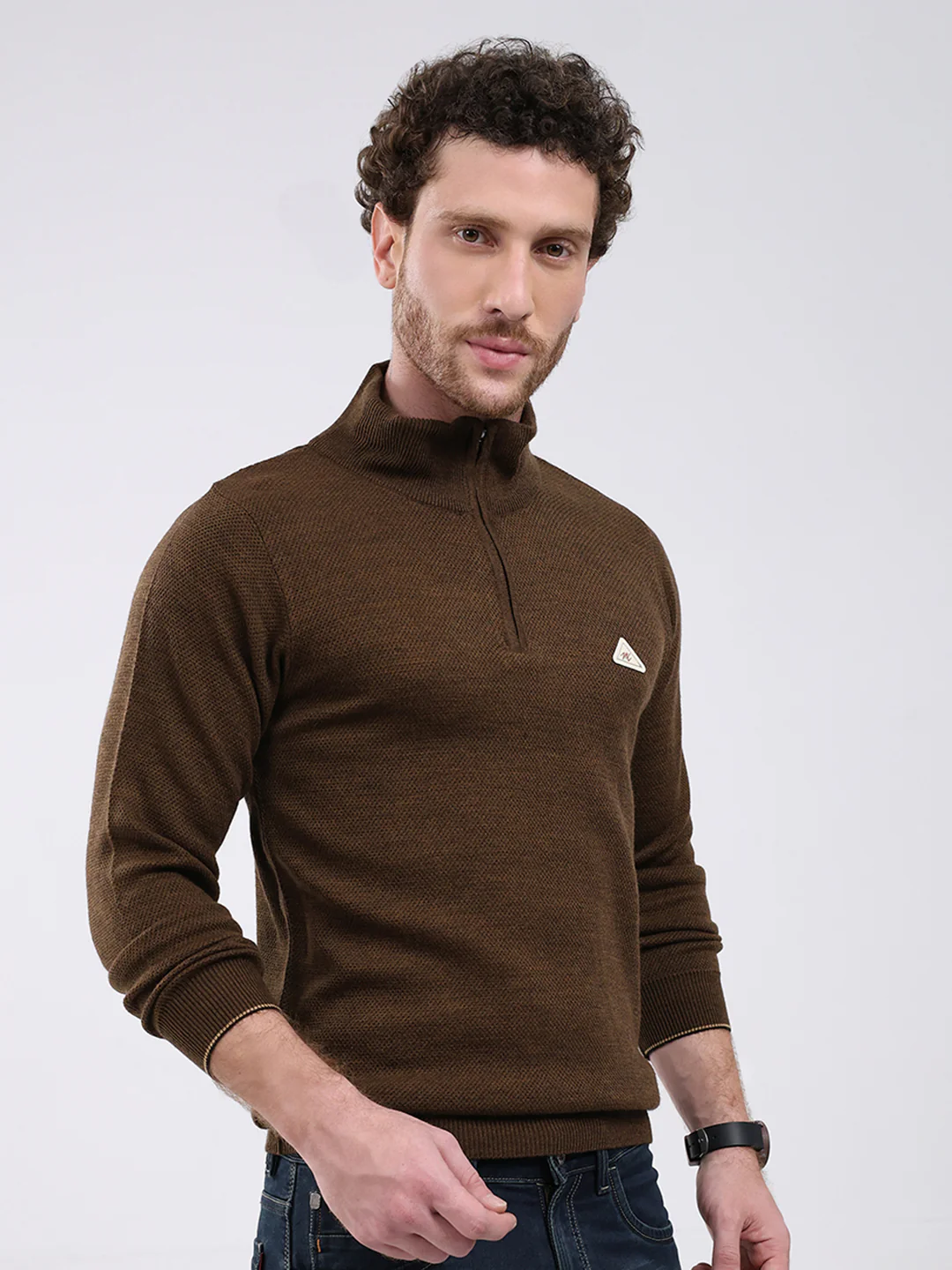 Men Brown Solid Mock Neck Full Sleeve Pullover - Image 4