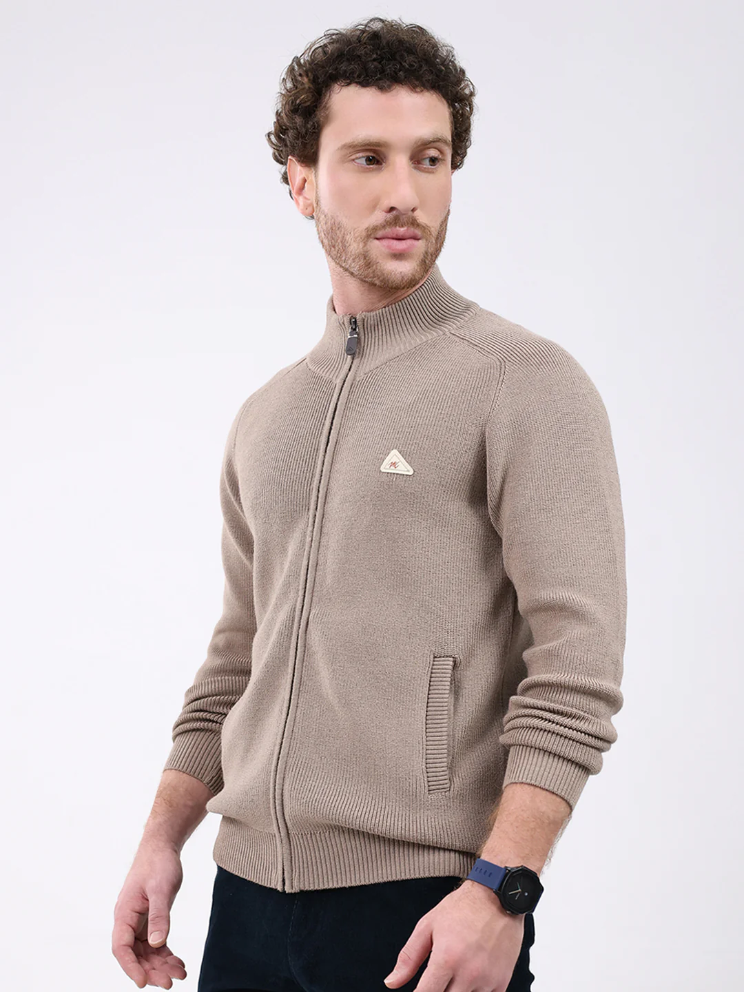 Men Brown Solid Mock Neck Full Sleeve Pullover - Image 3