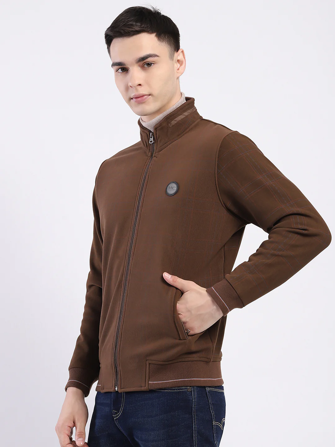 Men Brown Solid Mock Neck Full Sleeve Sweatshirt - Image 3