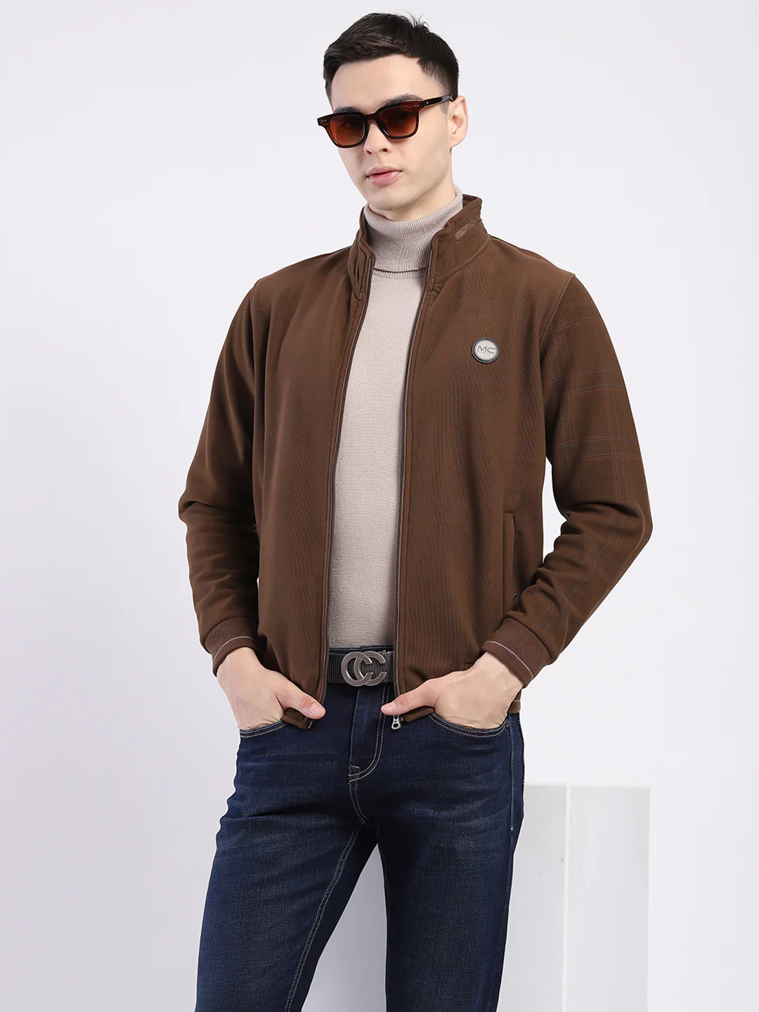Men Brown Solid Mock Neck Full Sleeve Sweatshirt - Image 6