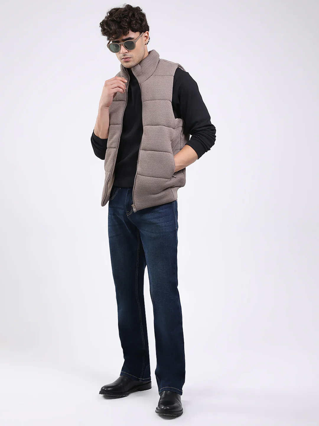 Men Brown Solid Mock Neck Sleeveless Jacket - Image 2