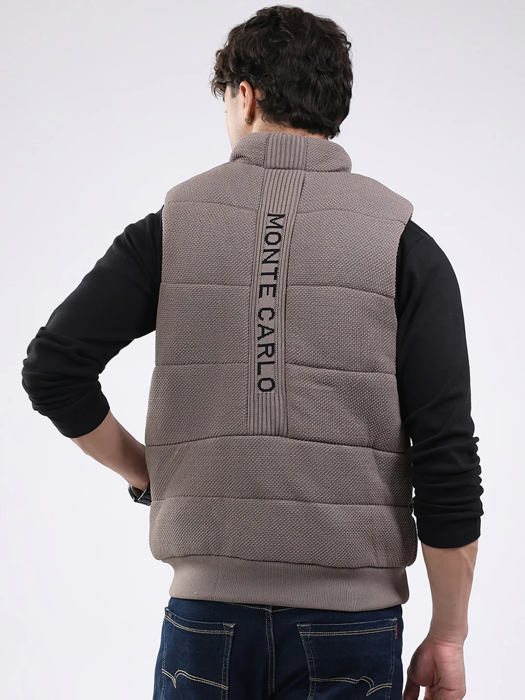 Men Brown Solid Mock Neck Sleeveless Jacket - Image 5