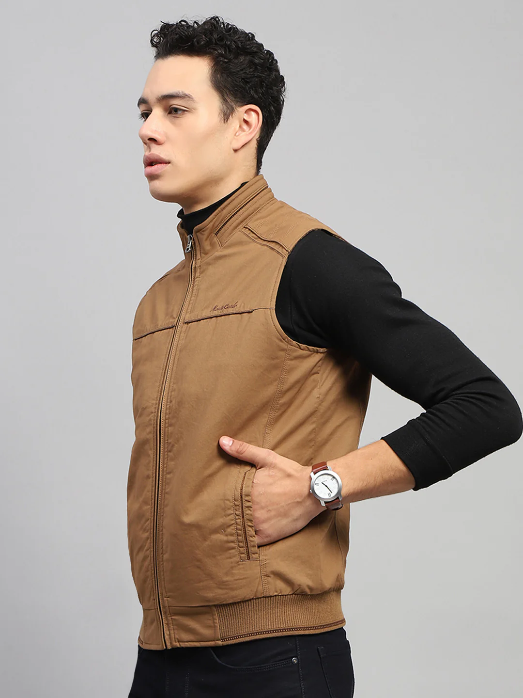 Men Brown Solid Mock Neck Sleeveless Jacket - Image 3