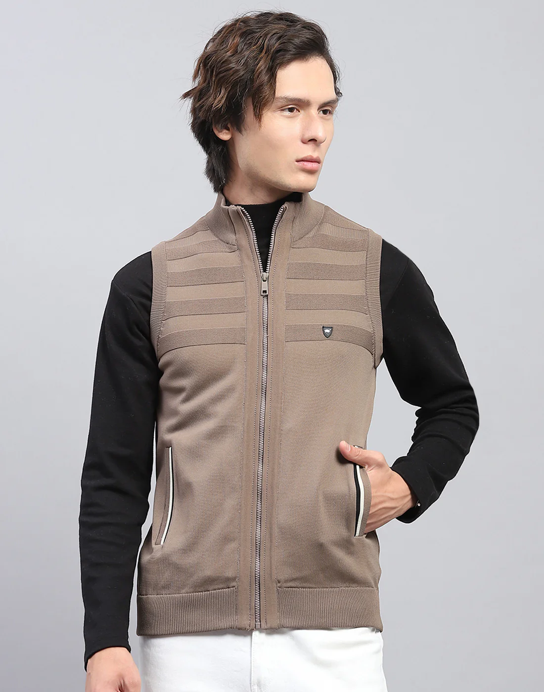 Men Brown Solid Mock Neck Sleeveless Sweater - Image 2