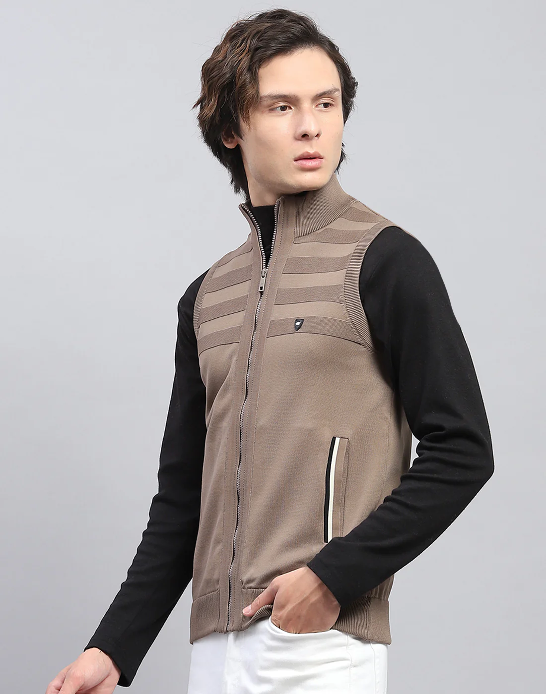 Men Brown Solid Mock Neck Sleeveless Sweater - Image 3