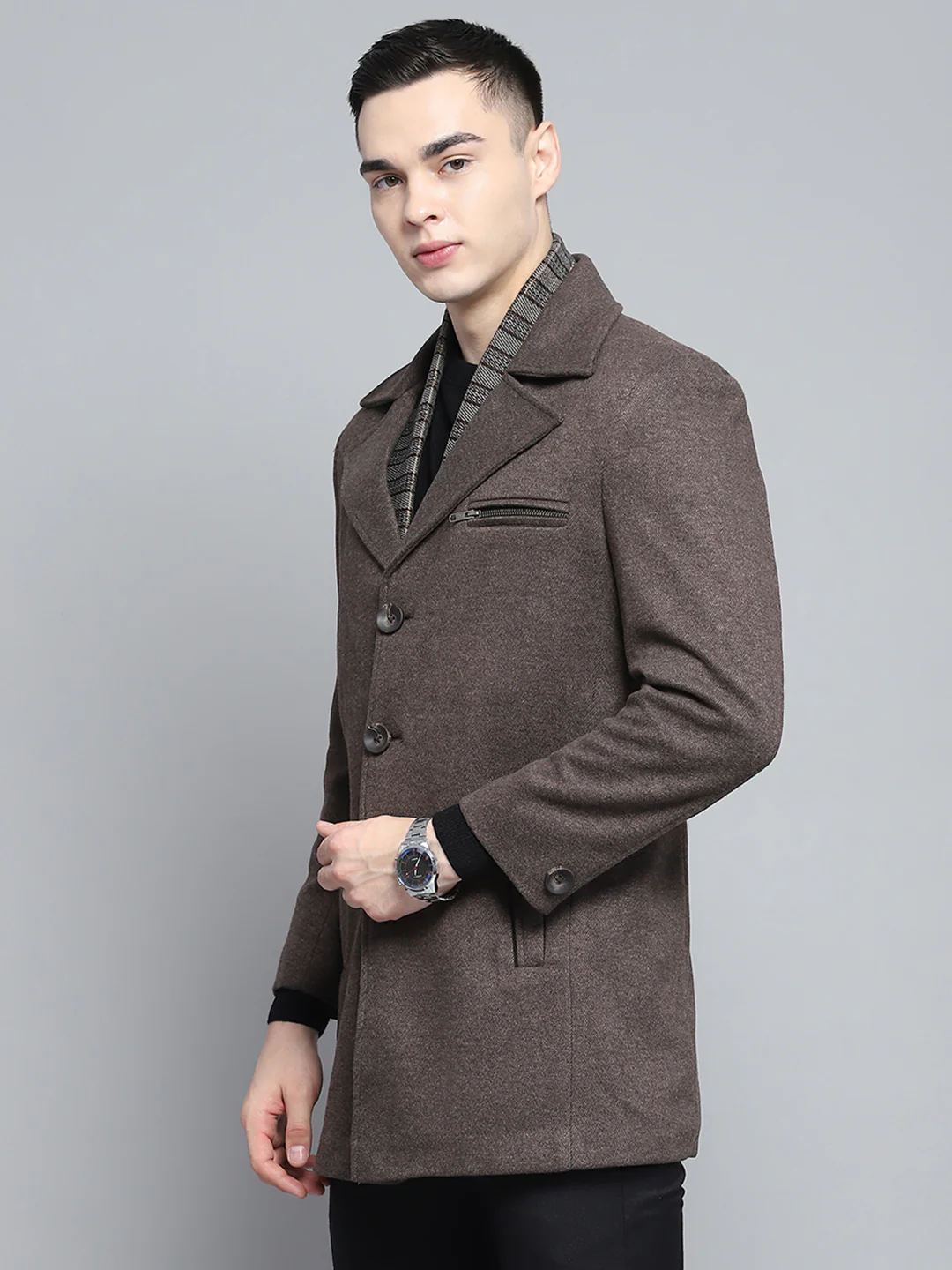 Men Brown Solid Notch Lapel Collar Full Sleeve Coat - Image 3