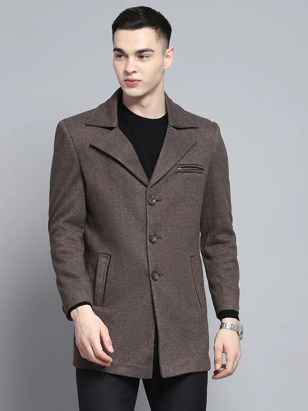 Men Brown Solid Notch Lapel Collar Full Sleeve Coat - Image 6