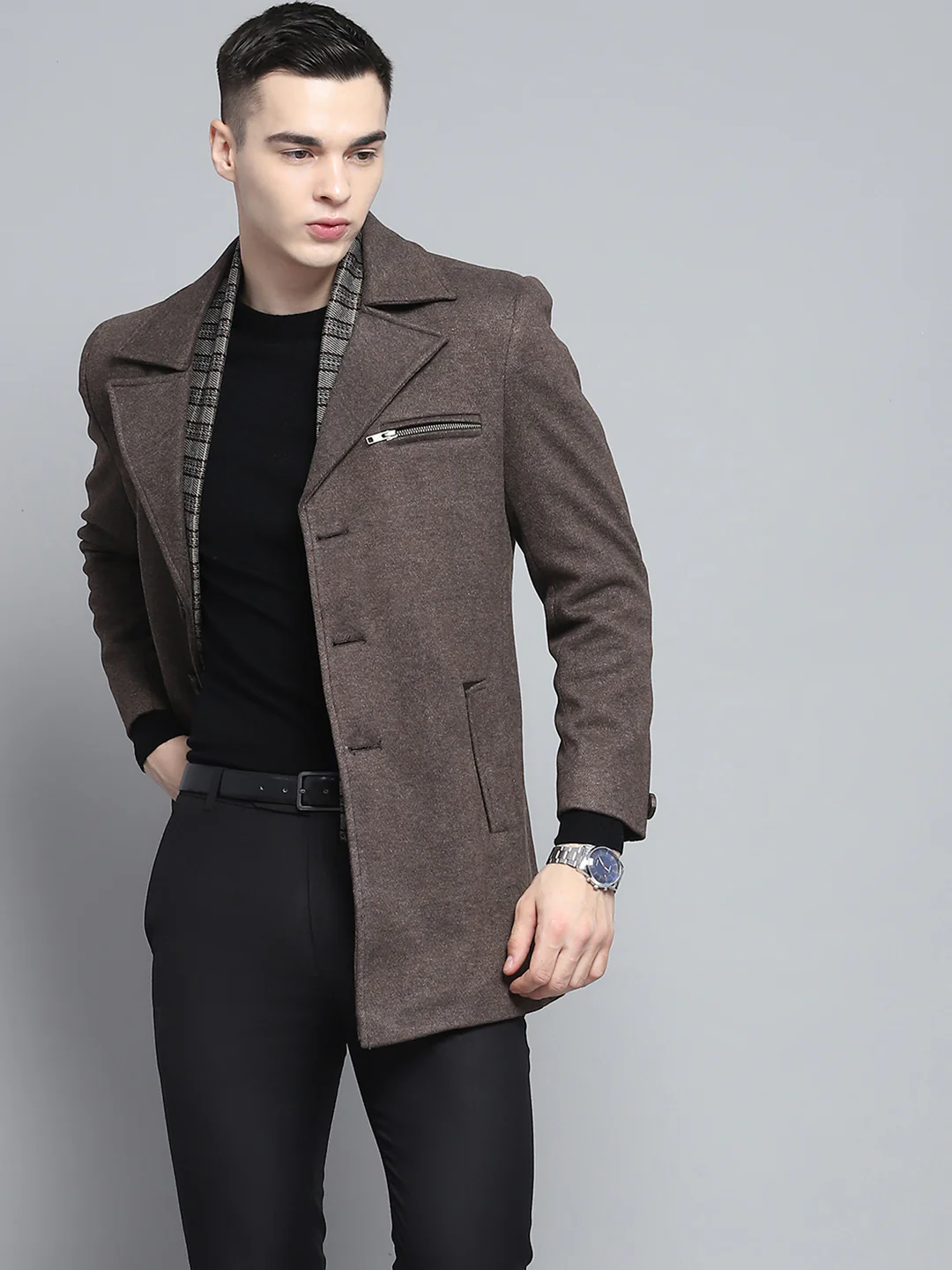 Men Brown Solid Notch Lapel Collar Full Sleeve Coat - Image 7