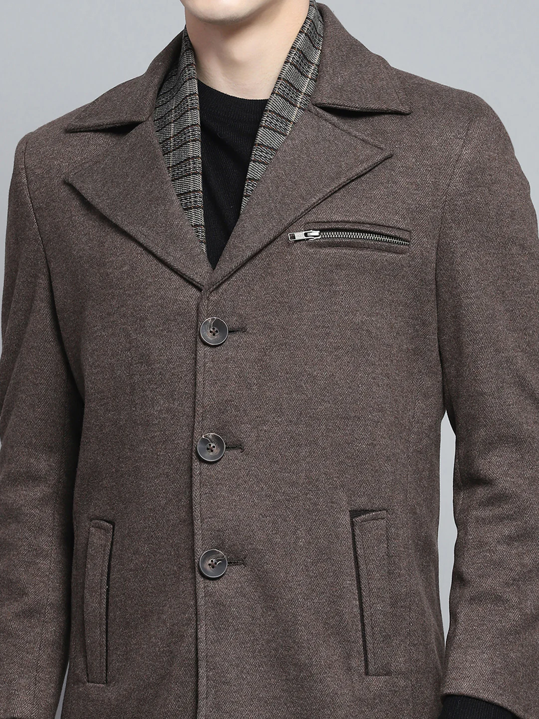 Men Brown Solid Notch Lapel Collar Full Sleeve Coat - Image 8