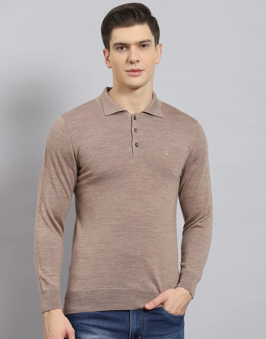 Men Brown Solid Polo Collar Full Sleeve T-Shirt - Image 3