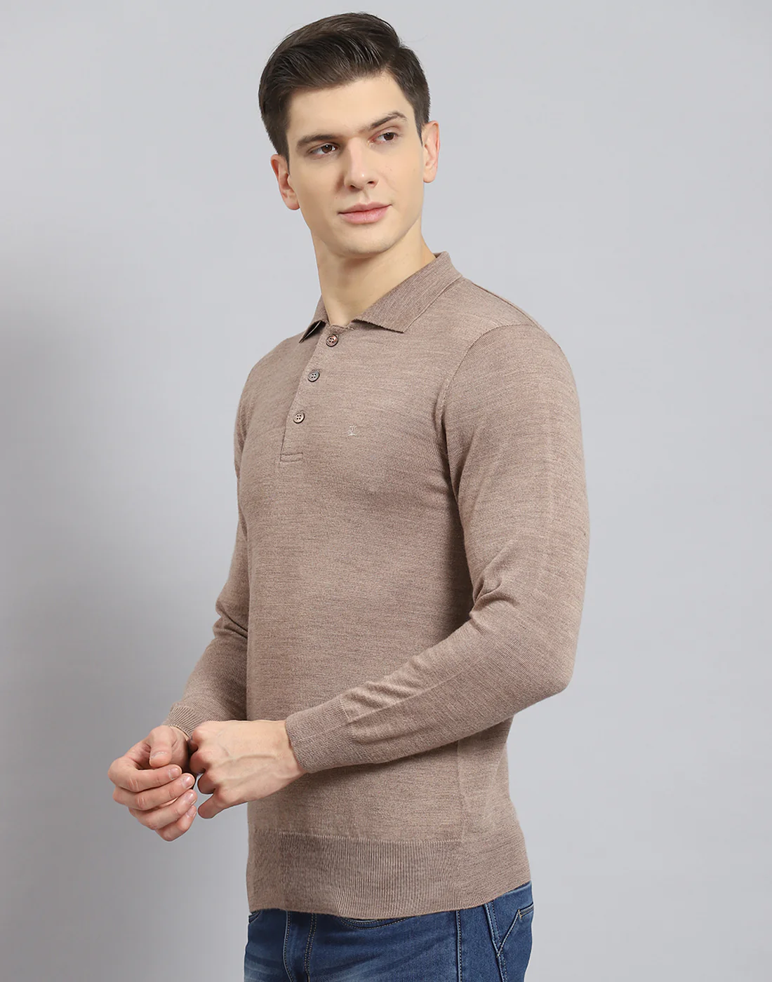 Men Brown Solid Polo Collar Full Sleeve T-Shirt - Image 4