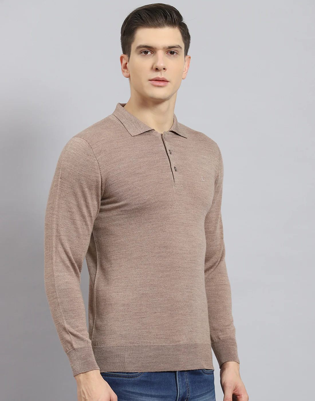 Men Brown Solid Polo Collar Full Sleeve T-Shirt - Image 6
