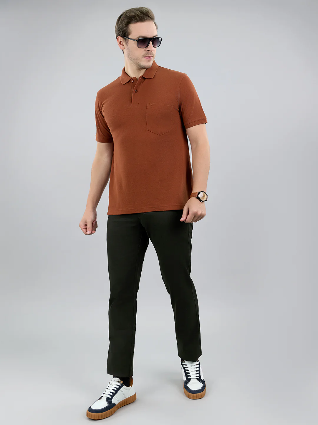 Men Brown Solid Polo Collar Half Sleeve T-Shirt - Image 5