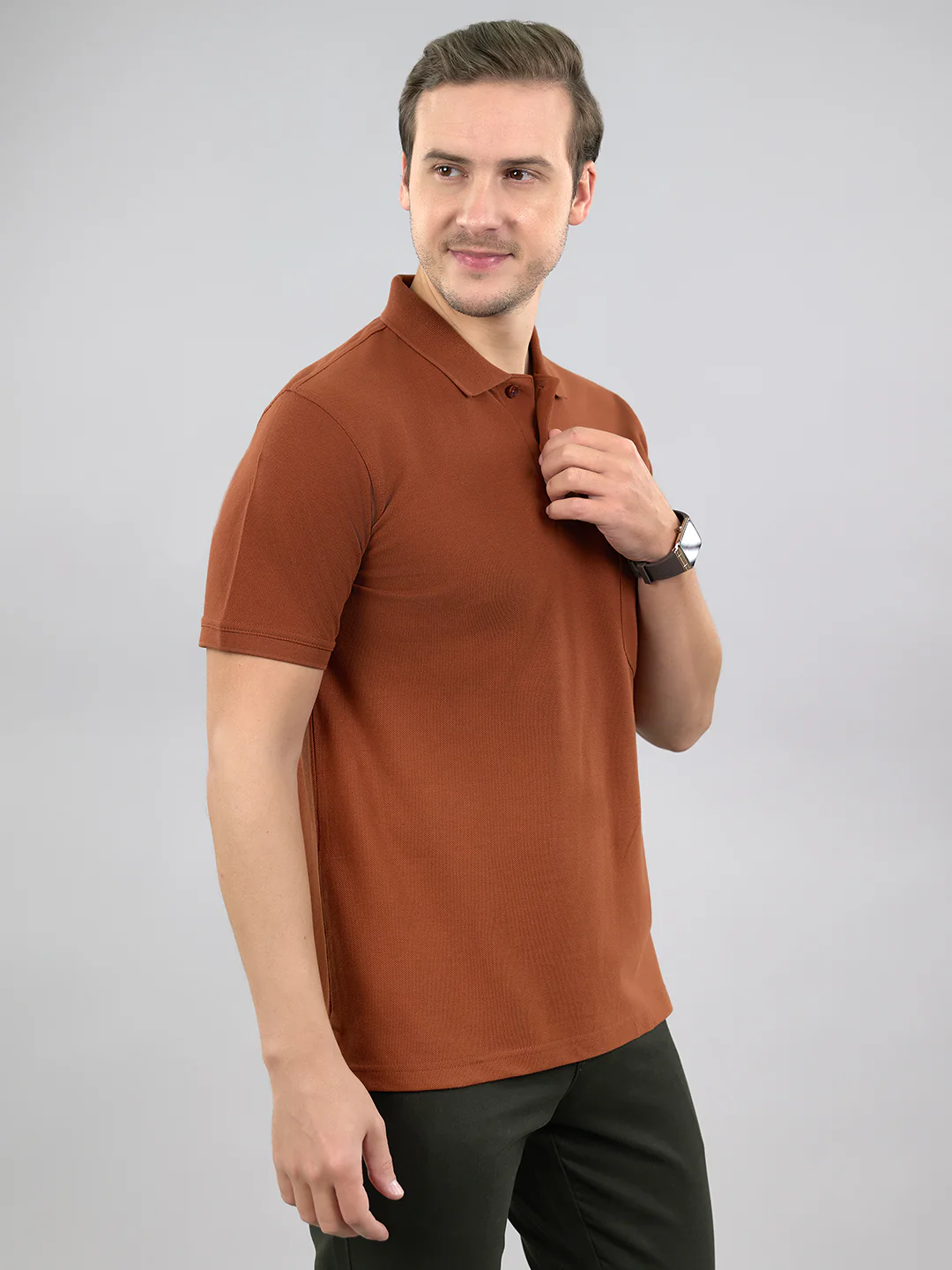 Men Brown Solid Polo Collar Half Sleeve T-Shirt - Image 6
