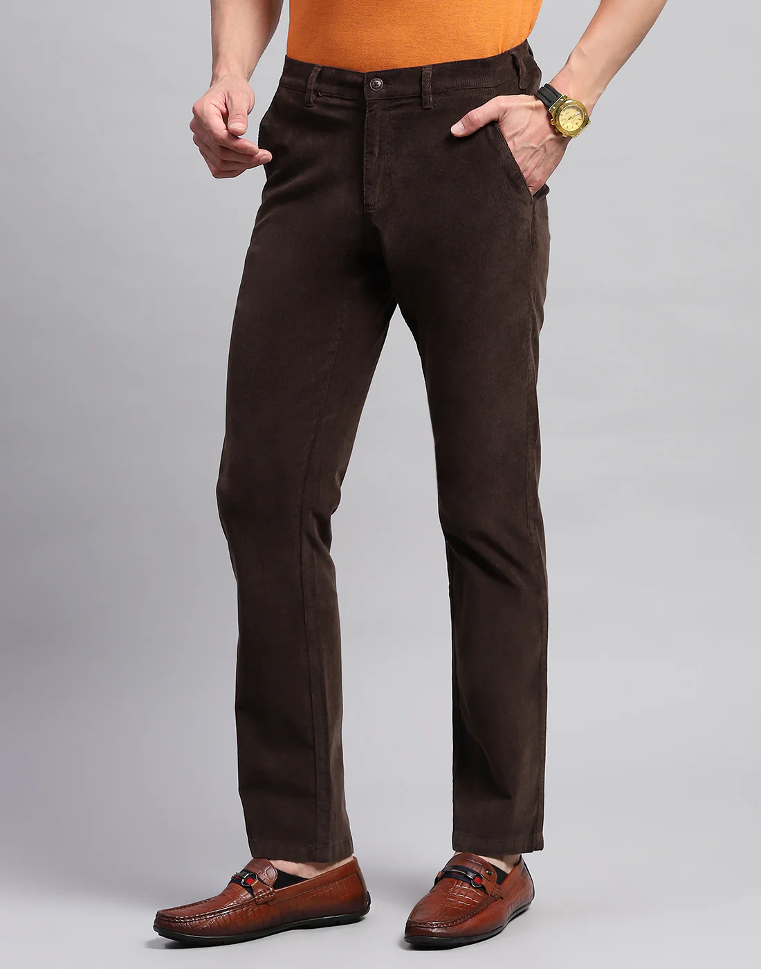 Men Brown Solid Regular Fit Trouser - Image 3