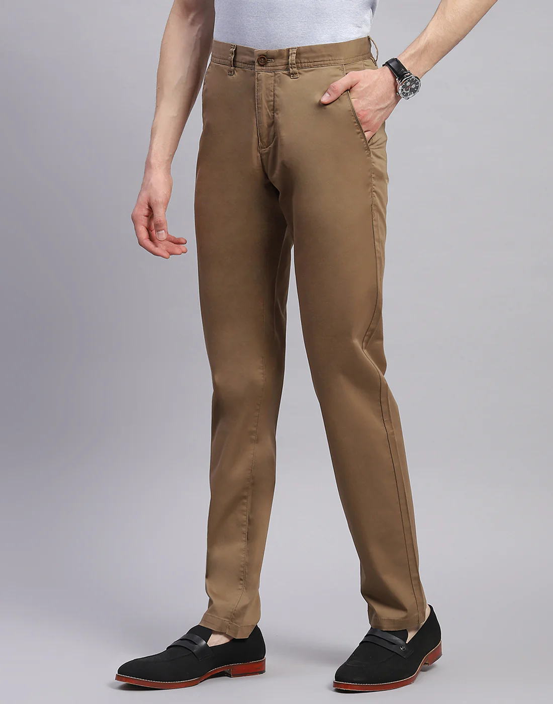 Men Brown Solid Regular Fit Trouser - Image 3