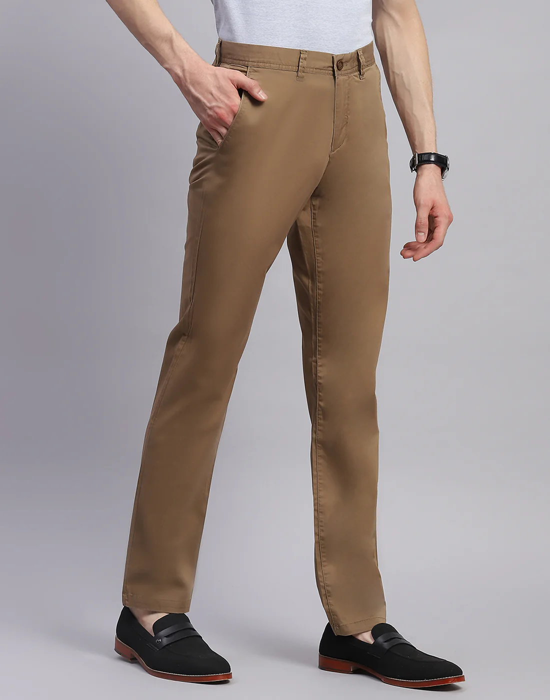Men Brown Solid Regular Fit Trouser - Image 4