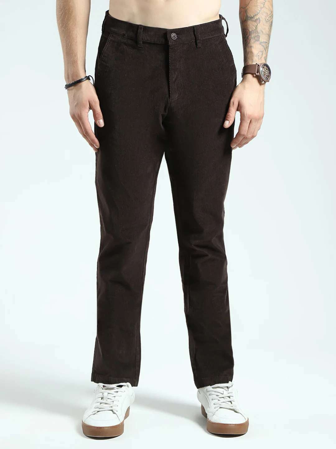 Men Brown Solid Regular Fit Trouser