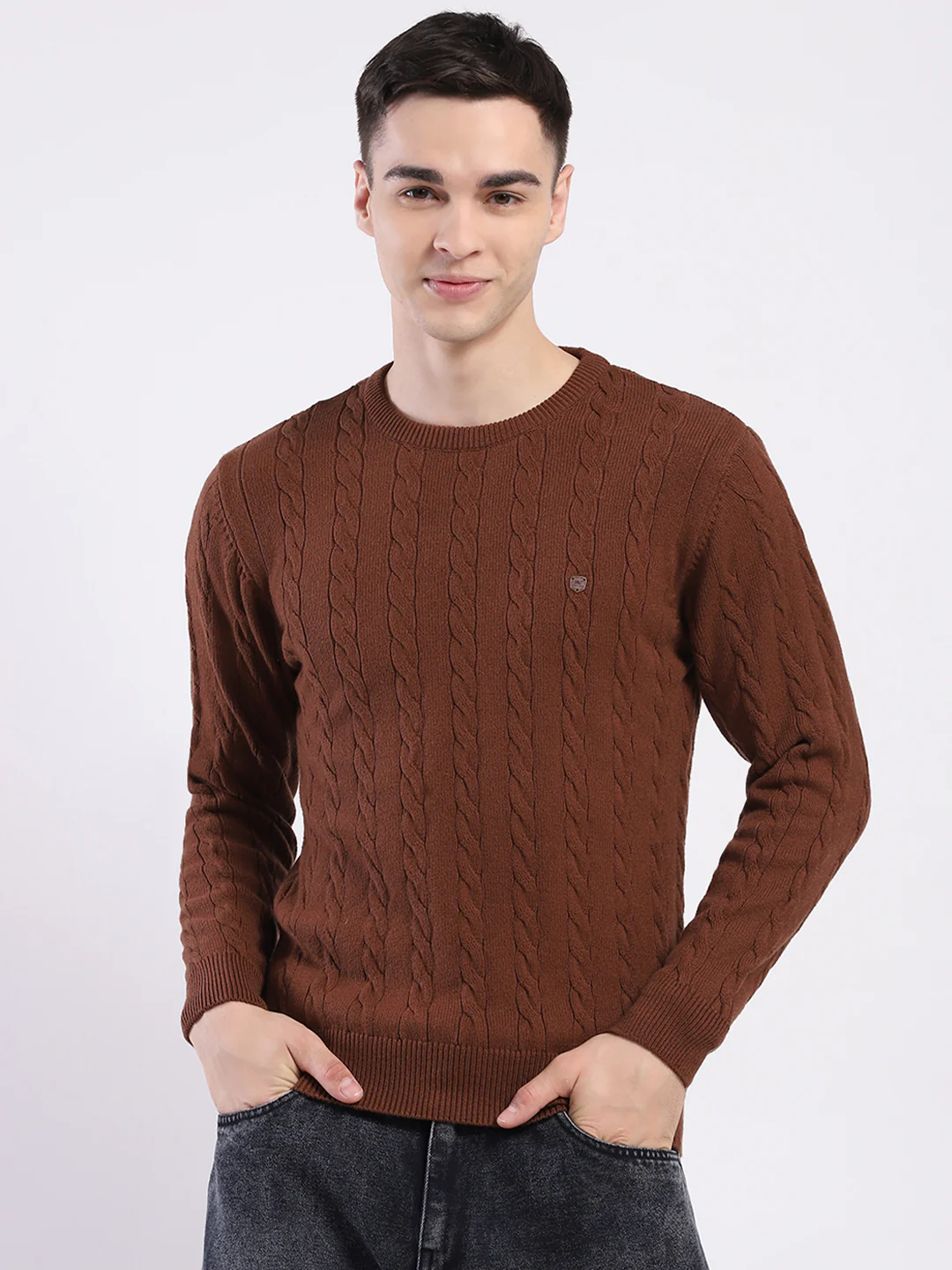 Men Brown Solid Round Neck Full Sleeve Pullover