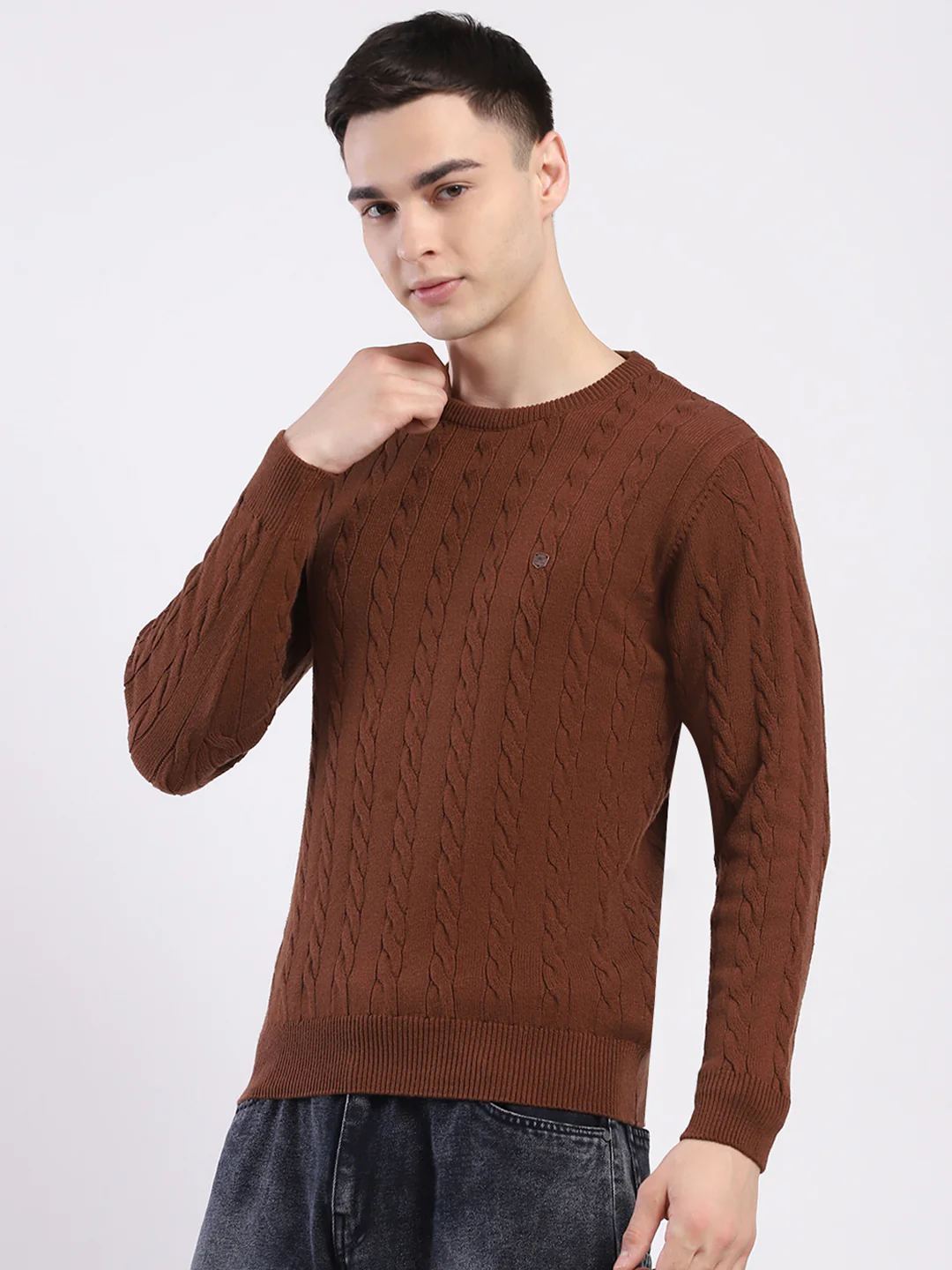 Men Brown Solid Round Neck Full Sleeve Pullover - Image 3