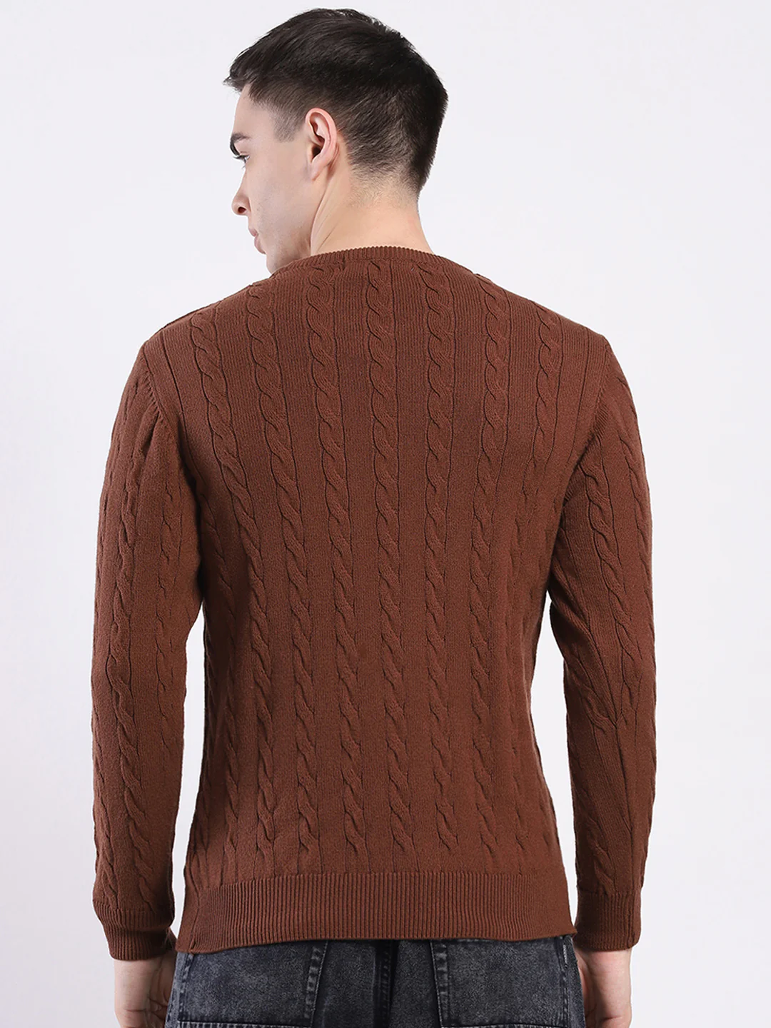 Men Brown Solid Round Neck Full Sleeve Pullover - Image 5