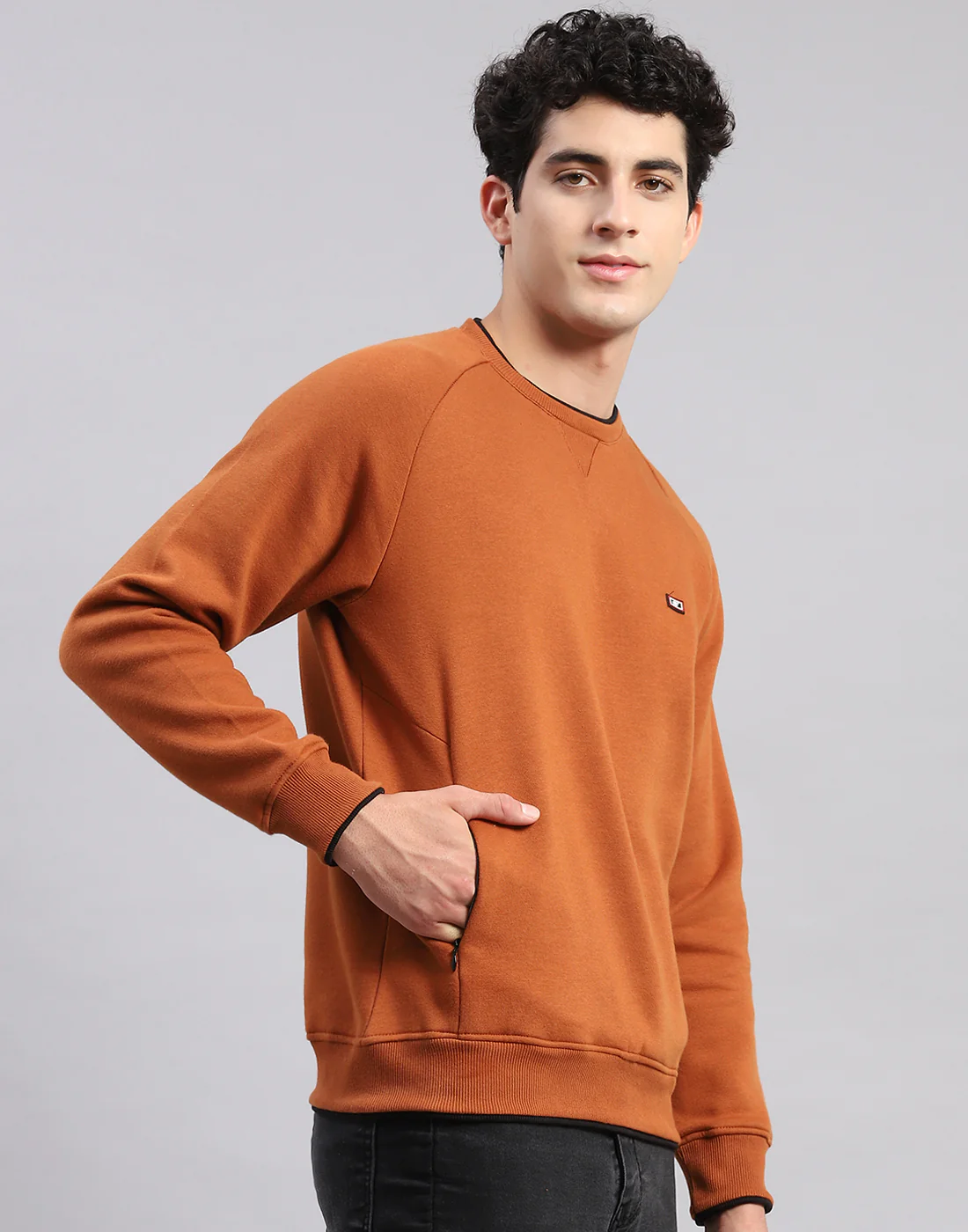 Men Brown Solid Round Neck Full Sleeve Sweatshirts - Image 4
