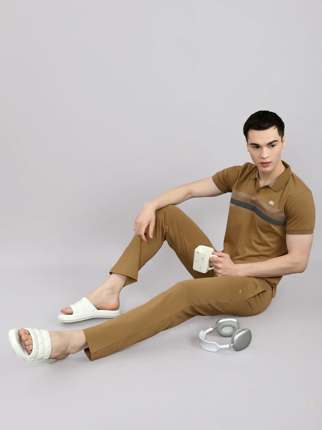 Men Brown Solid Round Neck Half Sleeve Lower Set - Image 7
