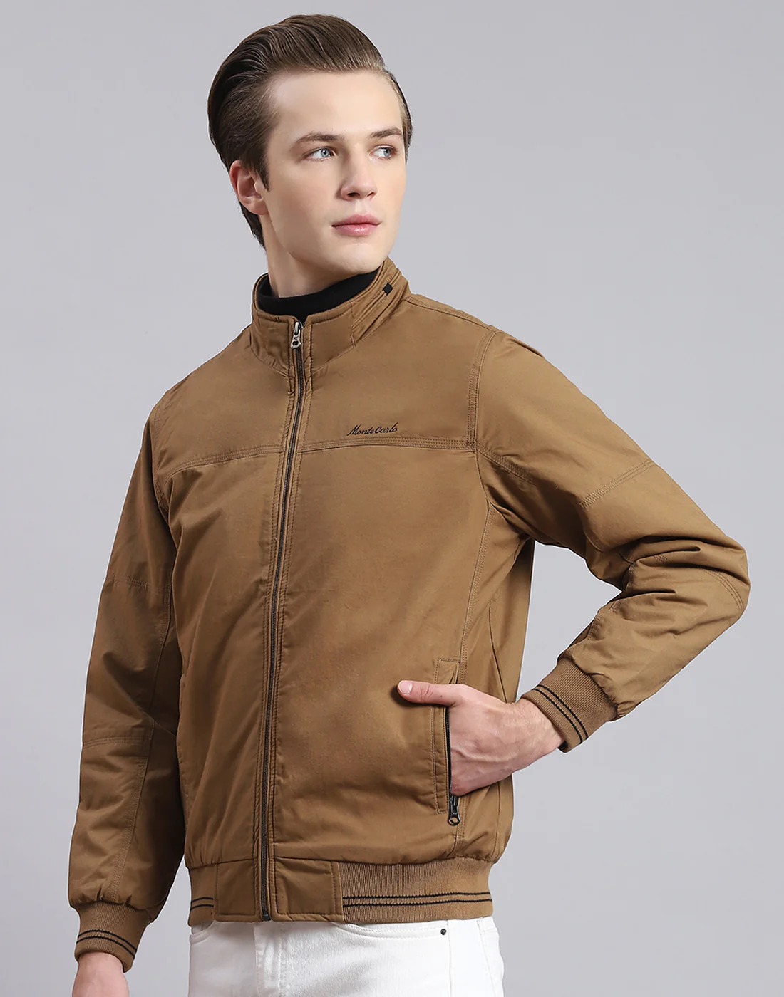 Men Brown Solid Stand Collar Full Sleeve Jacket - Image 3