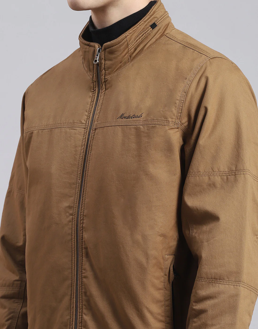 Men Brown Solid Stand Collar Full Sleeve Jacket - Image 6