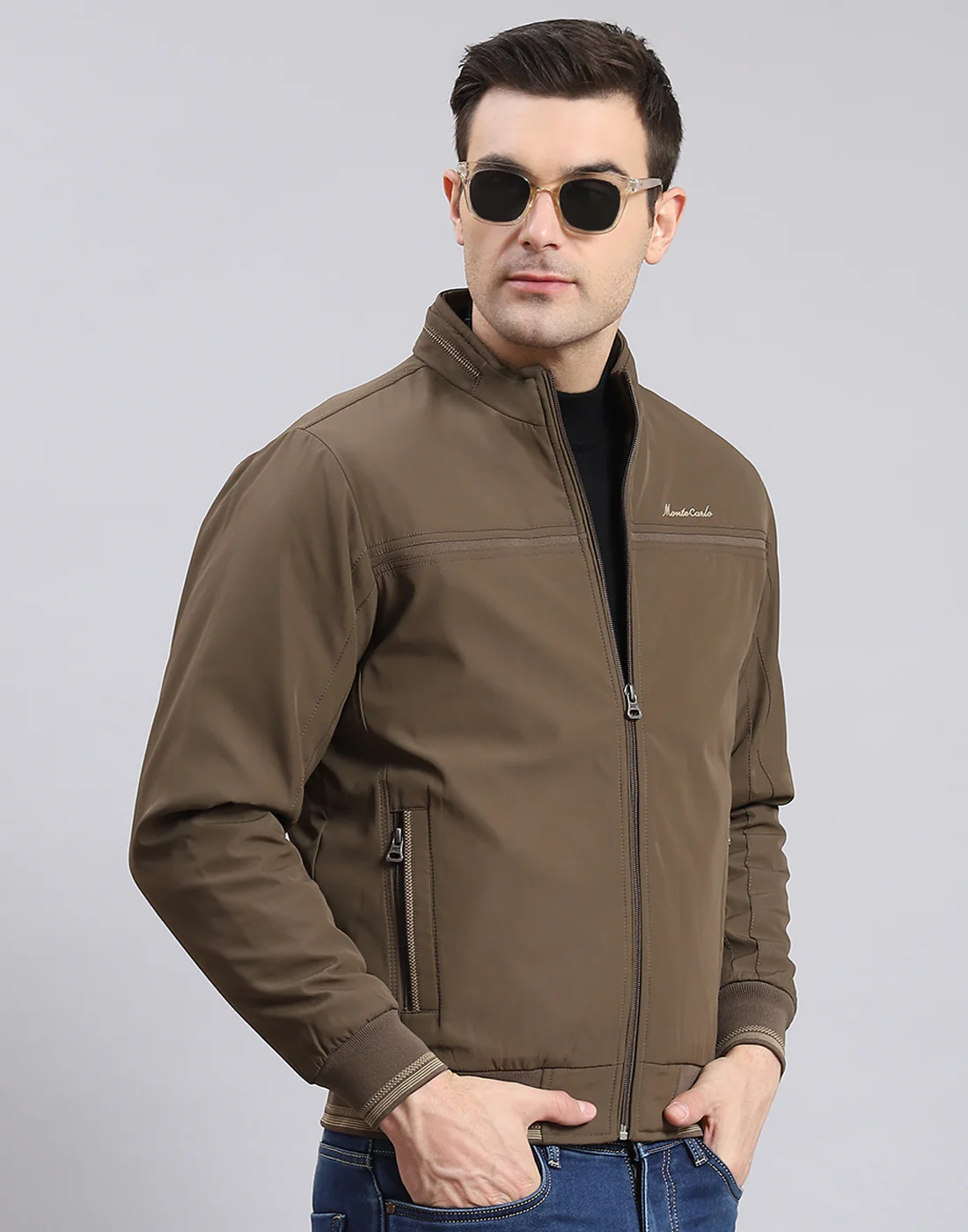 Men Brown Solid Stand Collar Full Sleeve Jacket - Image 4