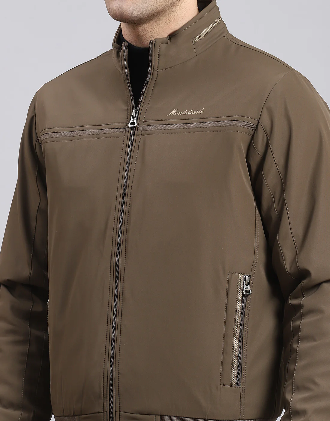 Men Brown Solid Stand Collar Full Sleeve Jacket - Image 7