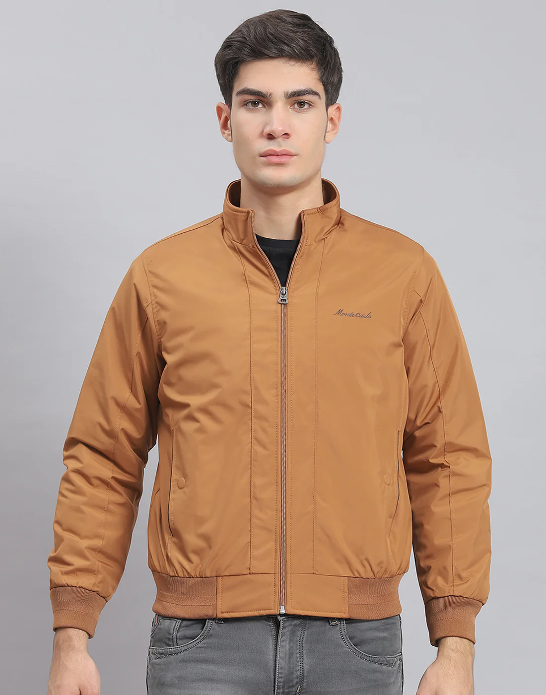 Men Brown Solid Stand Collar Full Sleeve Jacket - Image 2