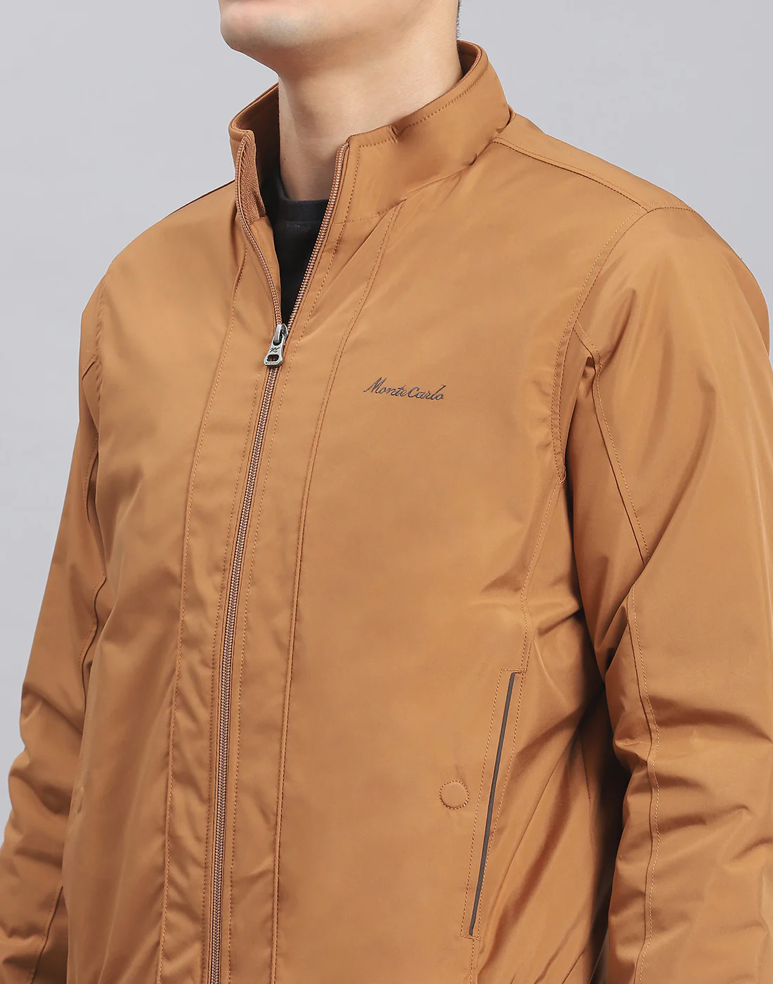 Men Brown Solid Stand Collar Full Sleeve Jacket - Image 6