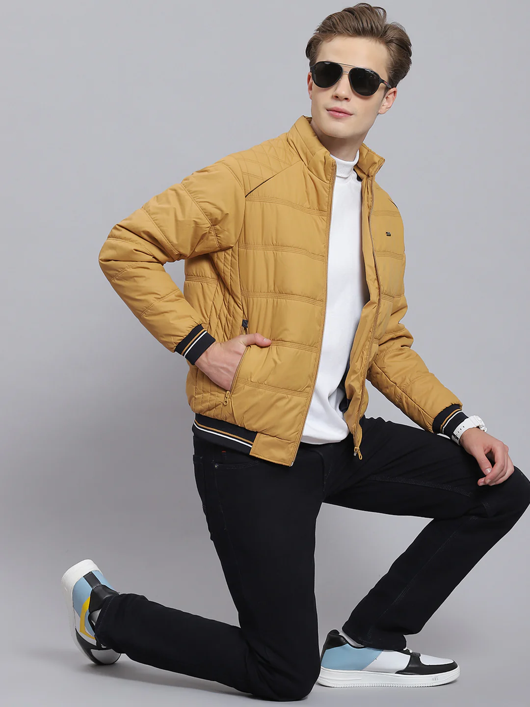 Men Brown Solid Stand Collar Full Sleeve Jacket - Image 2