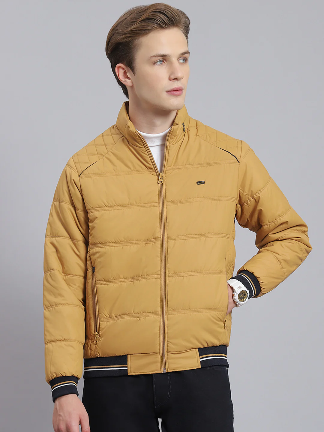 Men Brown Solid Stand Collar Full Sleeve Jacket - Image 3