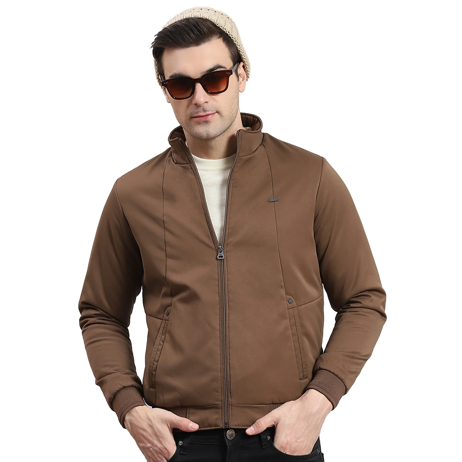 Men Brown Solid Stand Collar Full Sleeve Jacket - Image 5