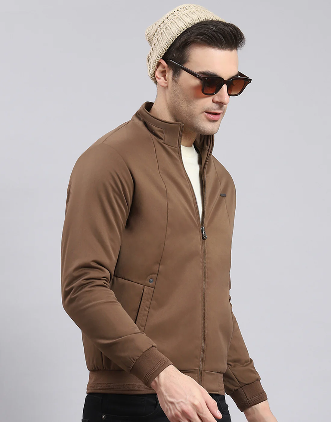 Men Brown Solid Stand Collar Full Sleeve Jacket - Image 6