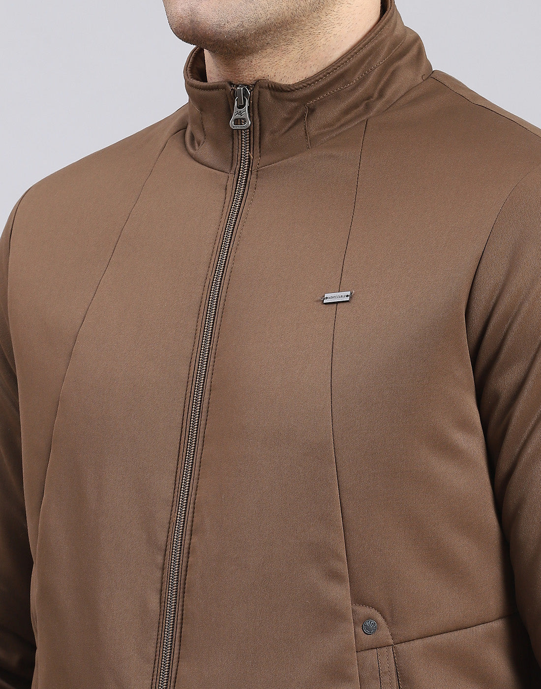 Men Brown Solid Stand Collar Full Sleeve Jacket - Image 8