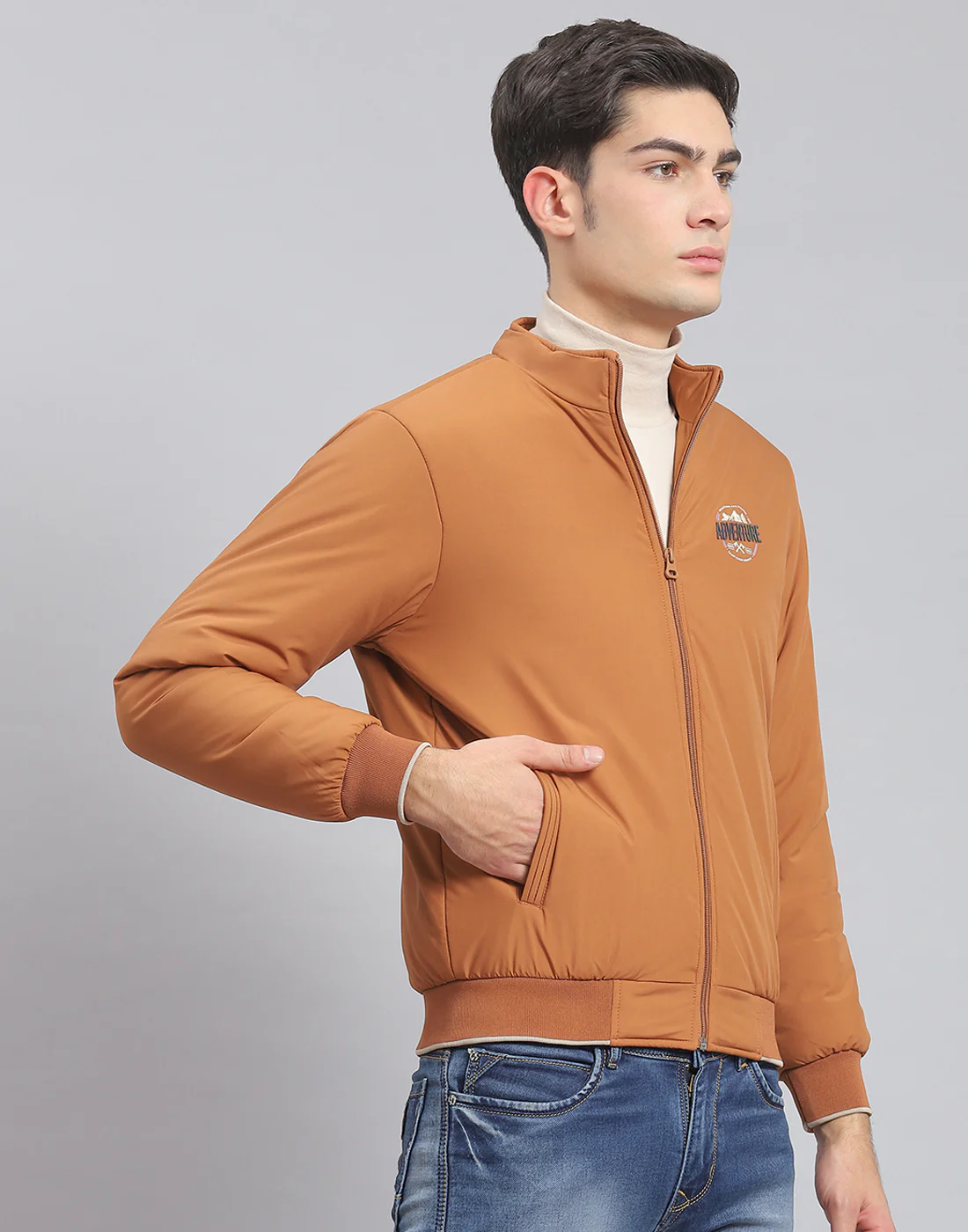Men Brown Solid Stand Collar Full Sleeve Jacket - Image 4