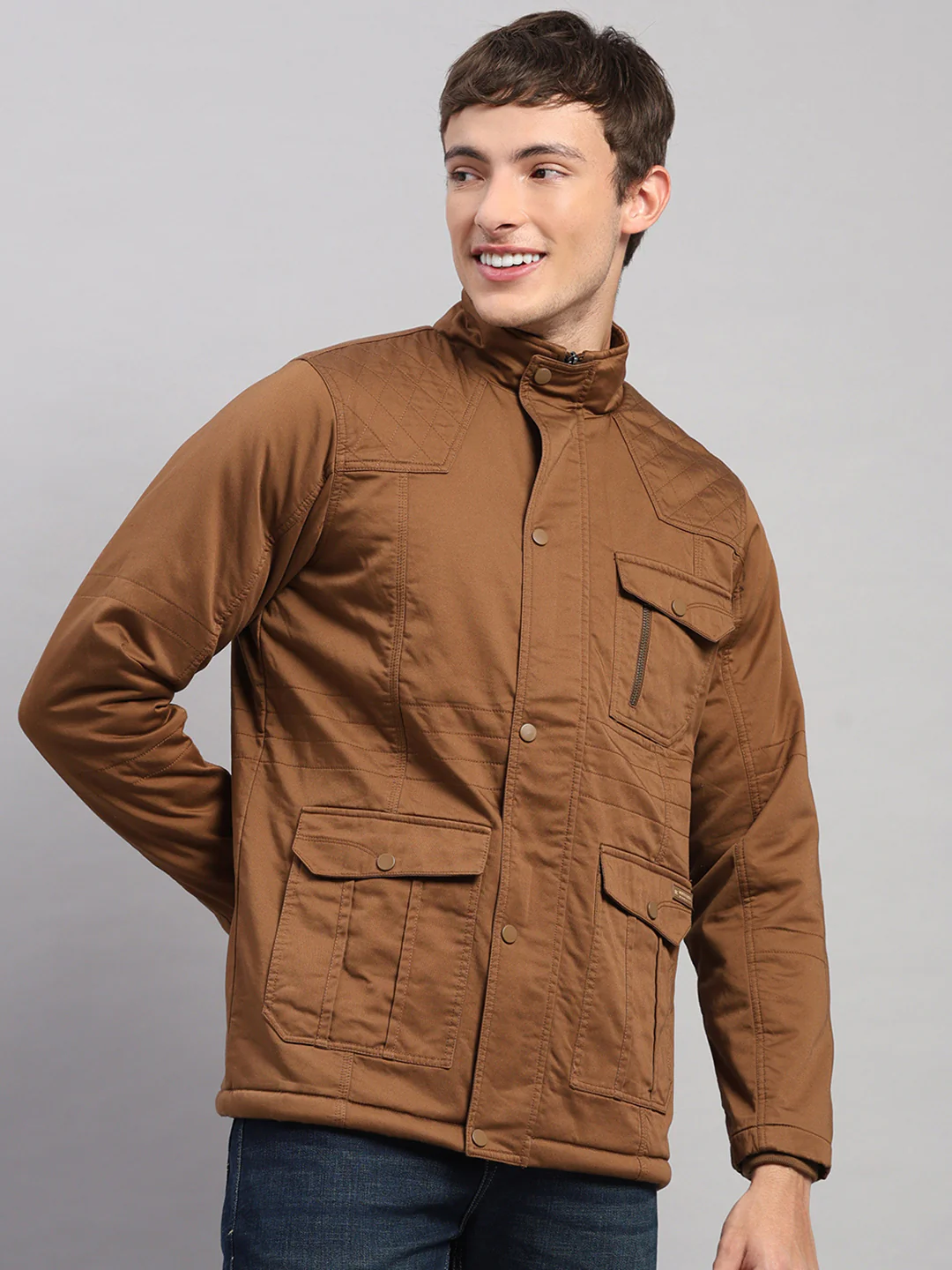 Men Brown Solid Stand Collar Full Sleeve Jacket - Image 4