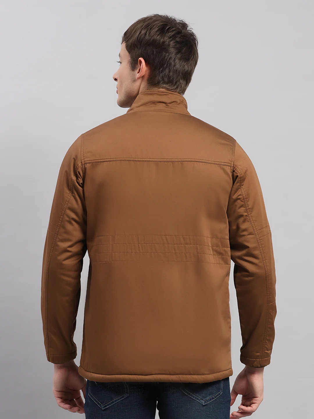 Men Brown Solid Stand Collar Full Sleeve Jacket - Image 5