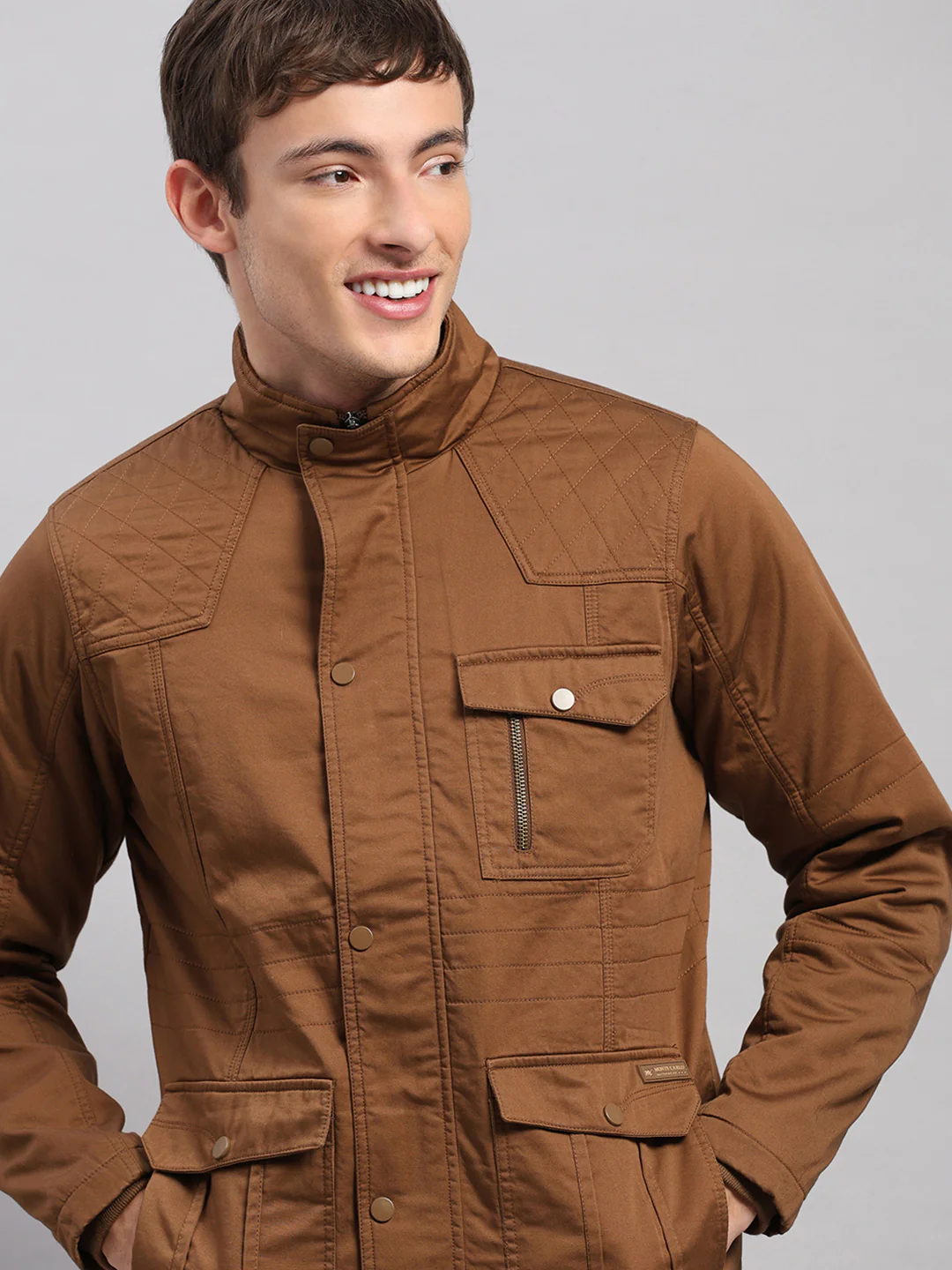 Men Brown Solid Stand Collar Full Sleeve Jacket - Image 6