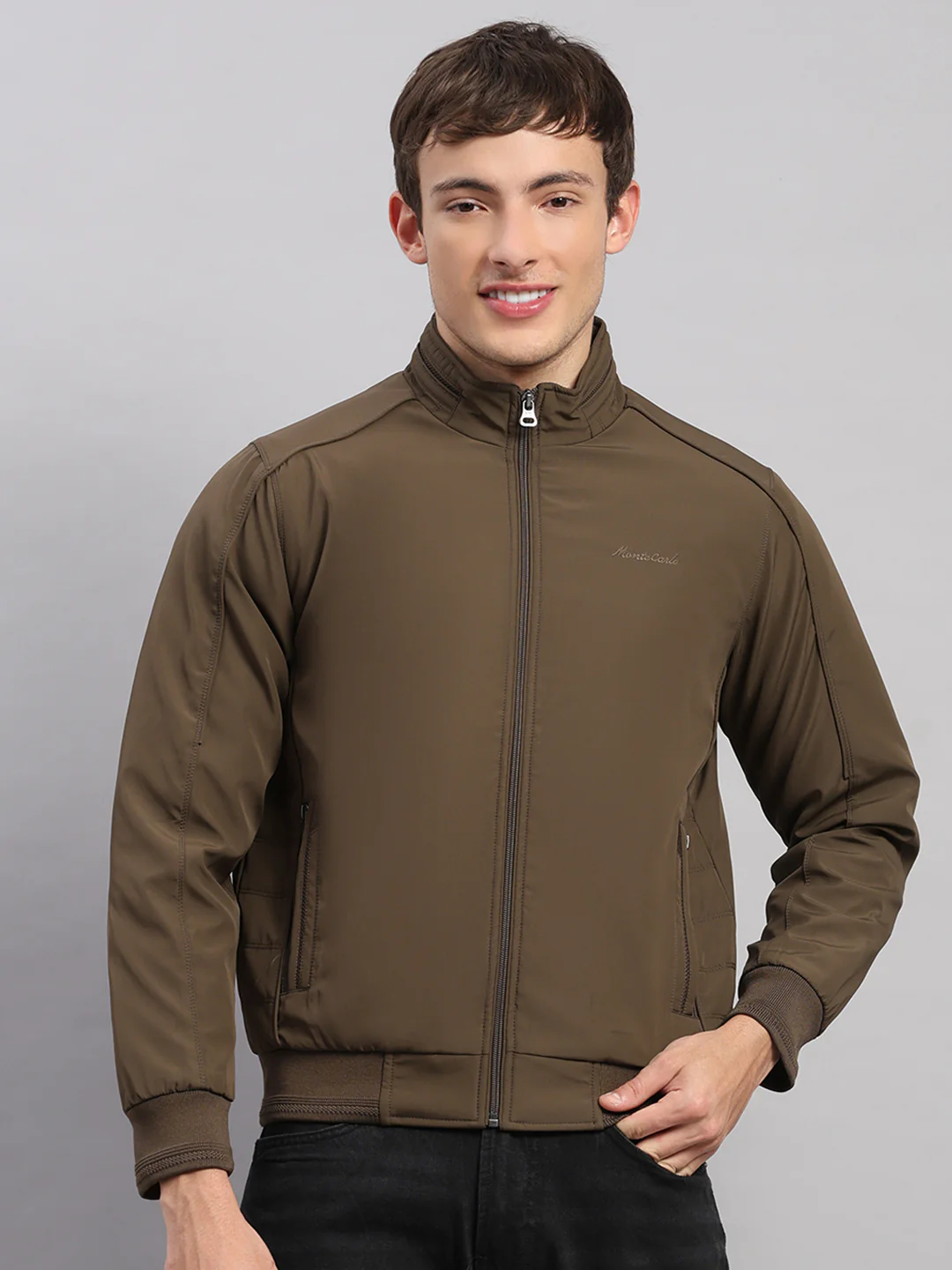 Men Brown Solid Stand Collar Full Sleeve Jacket