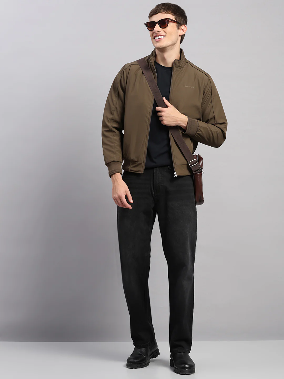 Men Brown Solid Stand Collar Full Sleeve Jacket - Image 2