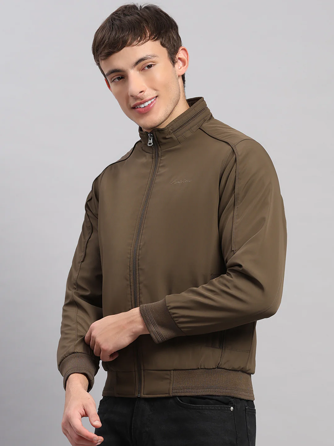 Men Brown Solid Stand Collar Full Sleeve Jacket - Image 3