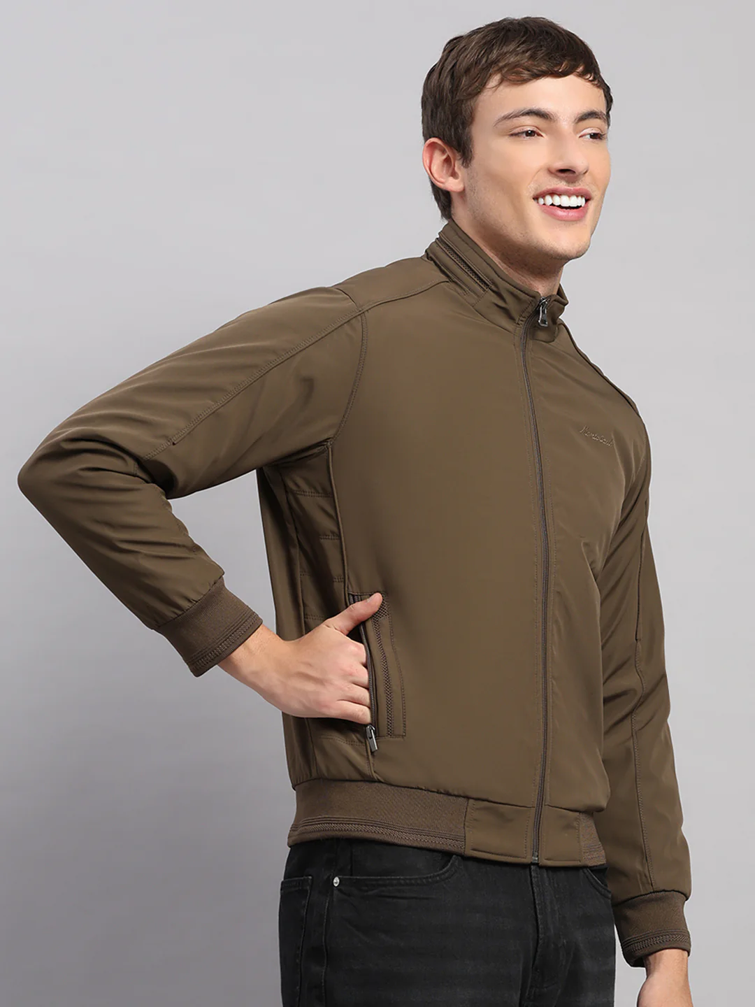 Men Brown Solid Stand Collar Full Sleeve Jacket - Image 4