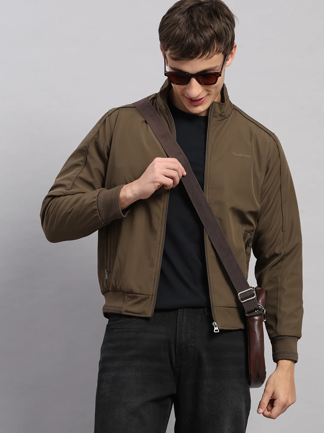 Men Brown Solid Stand Collar Full Sleeve Jacket - Image 6