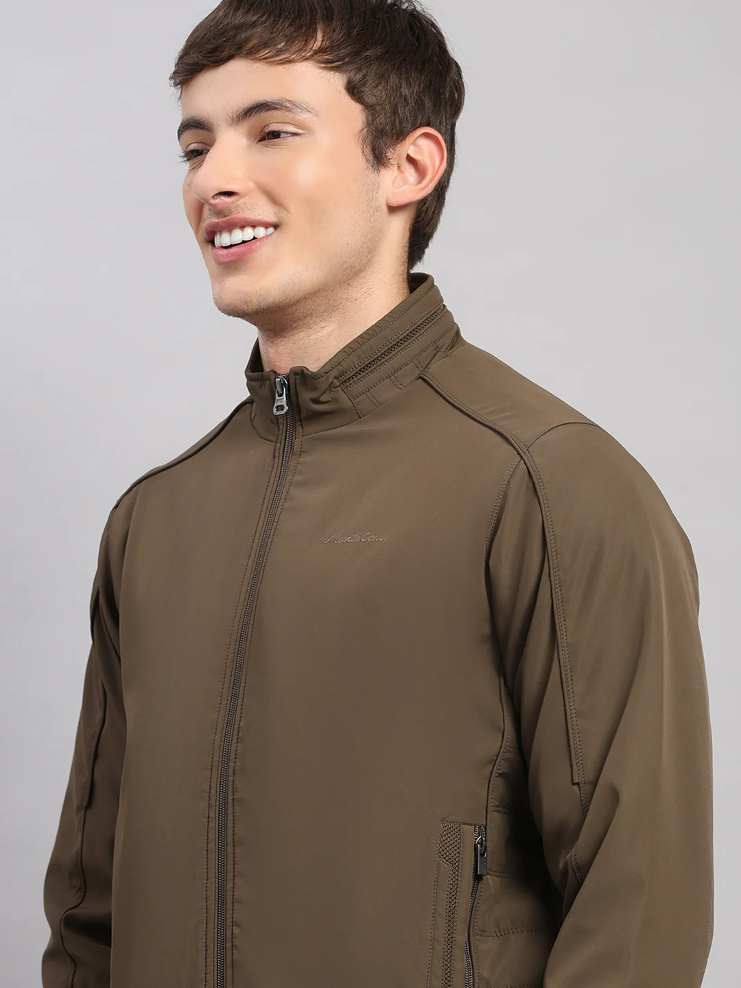Men Brown Solid Stand Collar Full Sleeve Jacket - Image 7