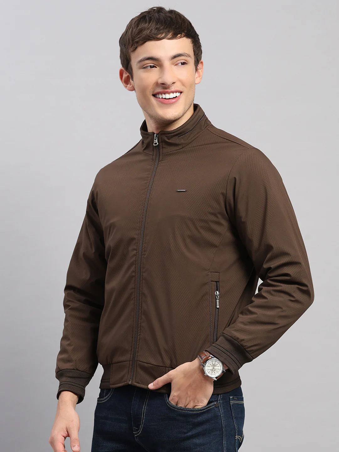 Men Brown Solid Stand Collar Full Sleeve Jacket - Image 3